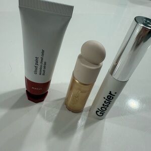 Glossier Cloud cheek Paint rare Beauty Liquid Highlighter and glossier boy brow